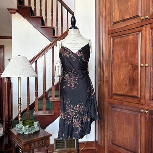 Jones New York 100% Silk Black Floral Wrap dress Slip Pink Green Vintage 90s